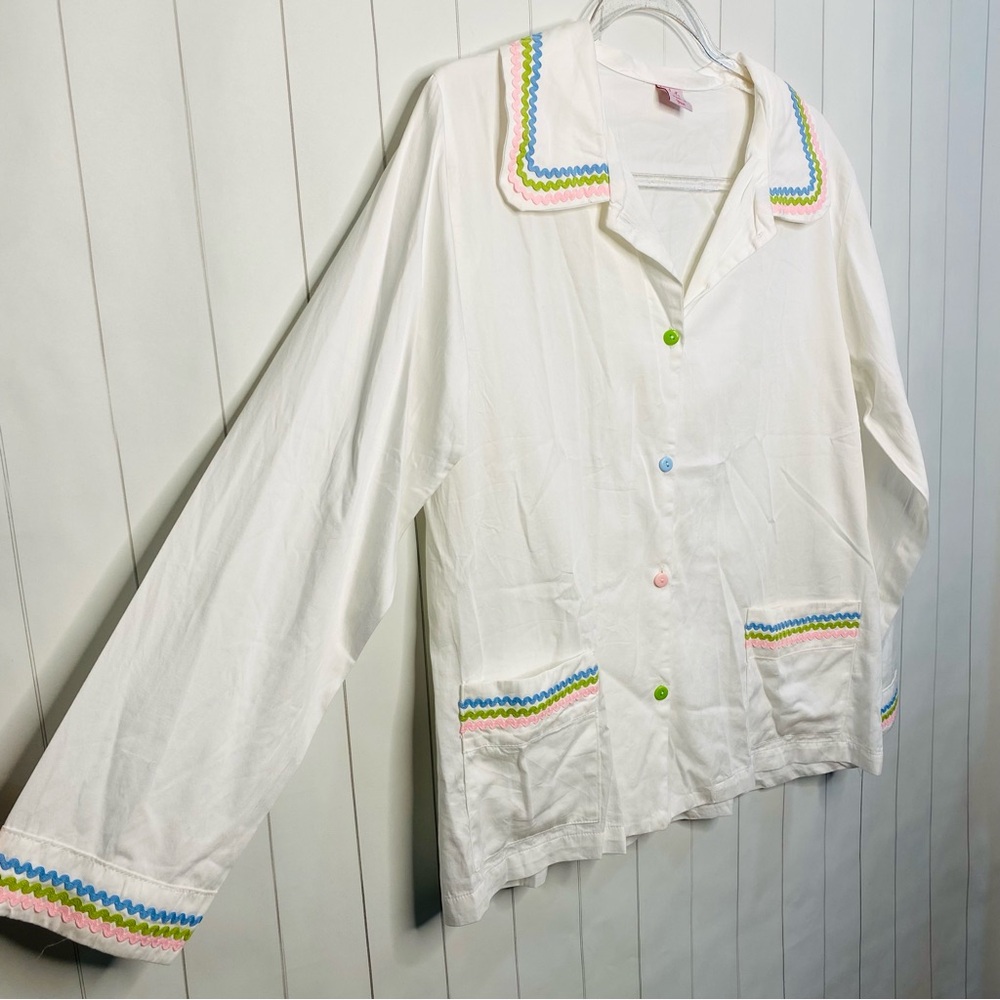 La Veste RARE White Button-Up Shirt Colorful Ric Rac Spring Peter Pan Collar Top